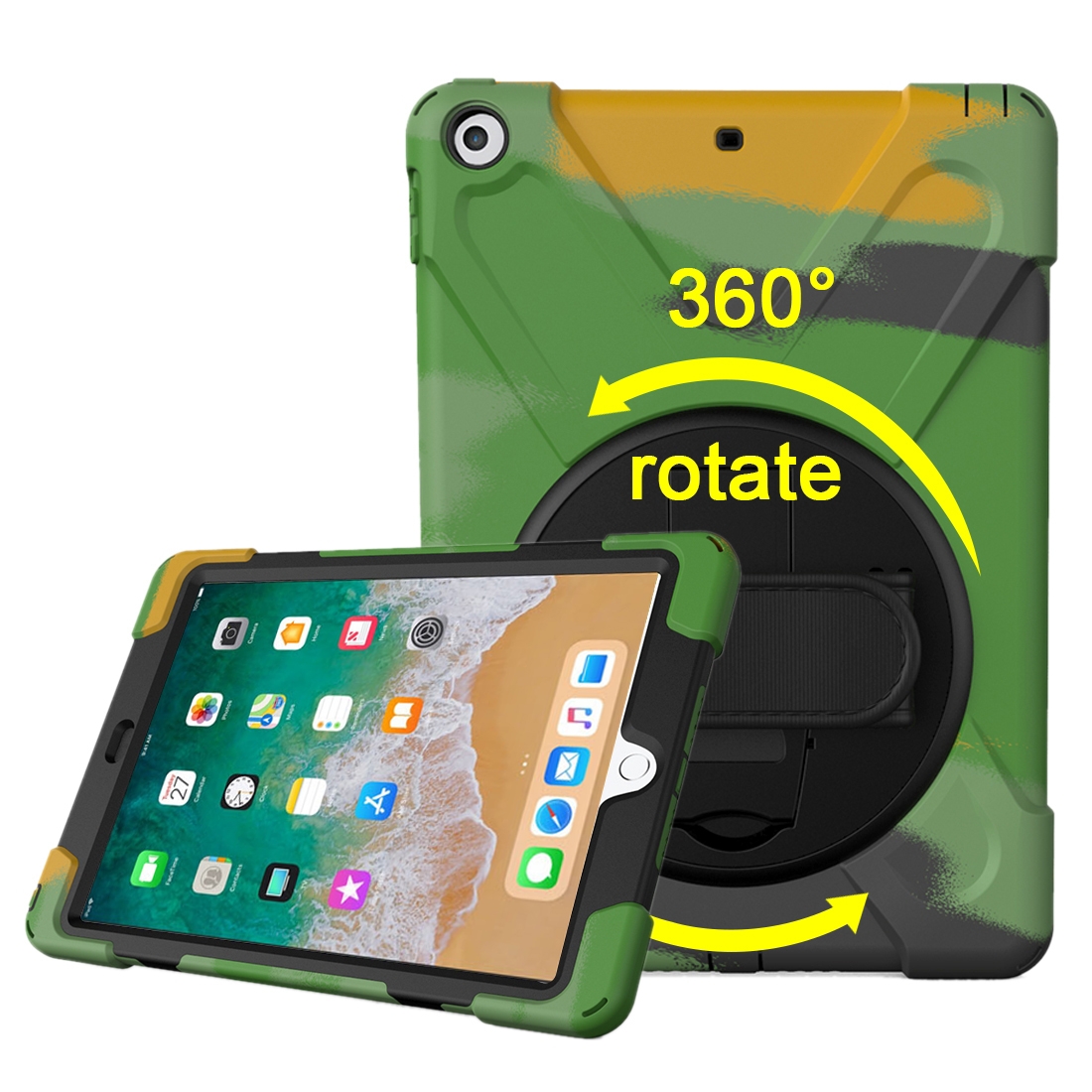 For iPad 9.7 (2018) & iPad 9.7 (2017) 360 Degree Rotation PC + Silicone Protective Case with Holder & Hand-strap (Camouflage Green) - Shopkiz.com