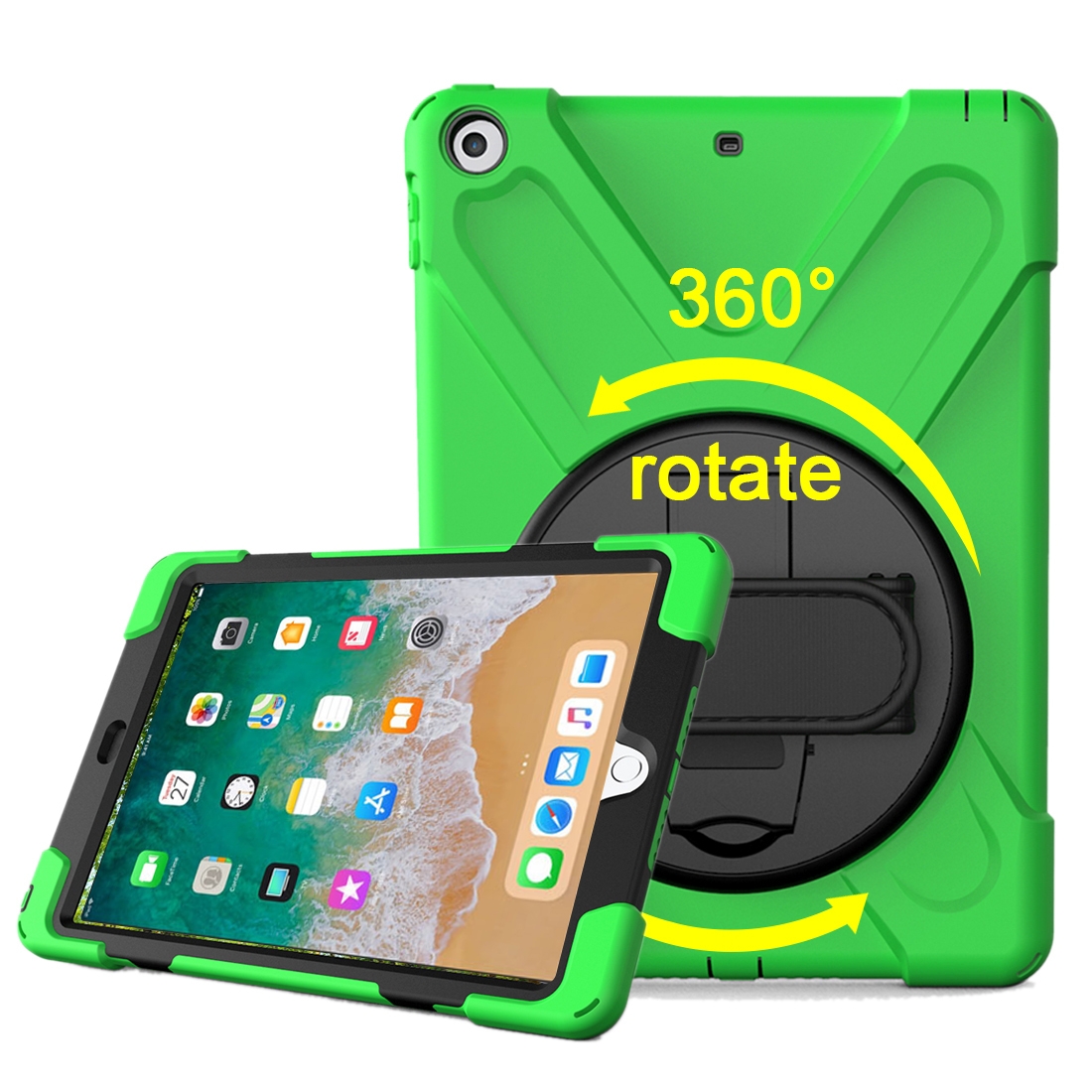 For iPad 9.7 (2018) & iPad 9.7 (2017) 360 Degree Rotation PC + Silicone Protective Case with Holder & Hand-strap(Light Green) - Shopkiz.com