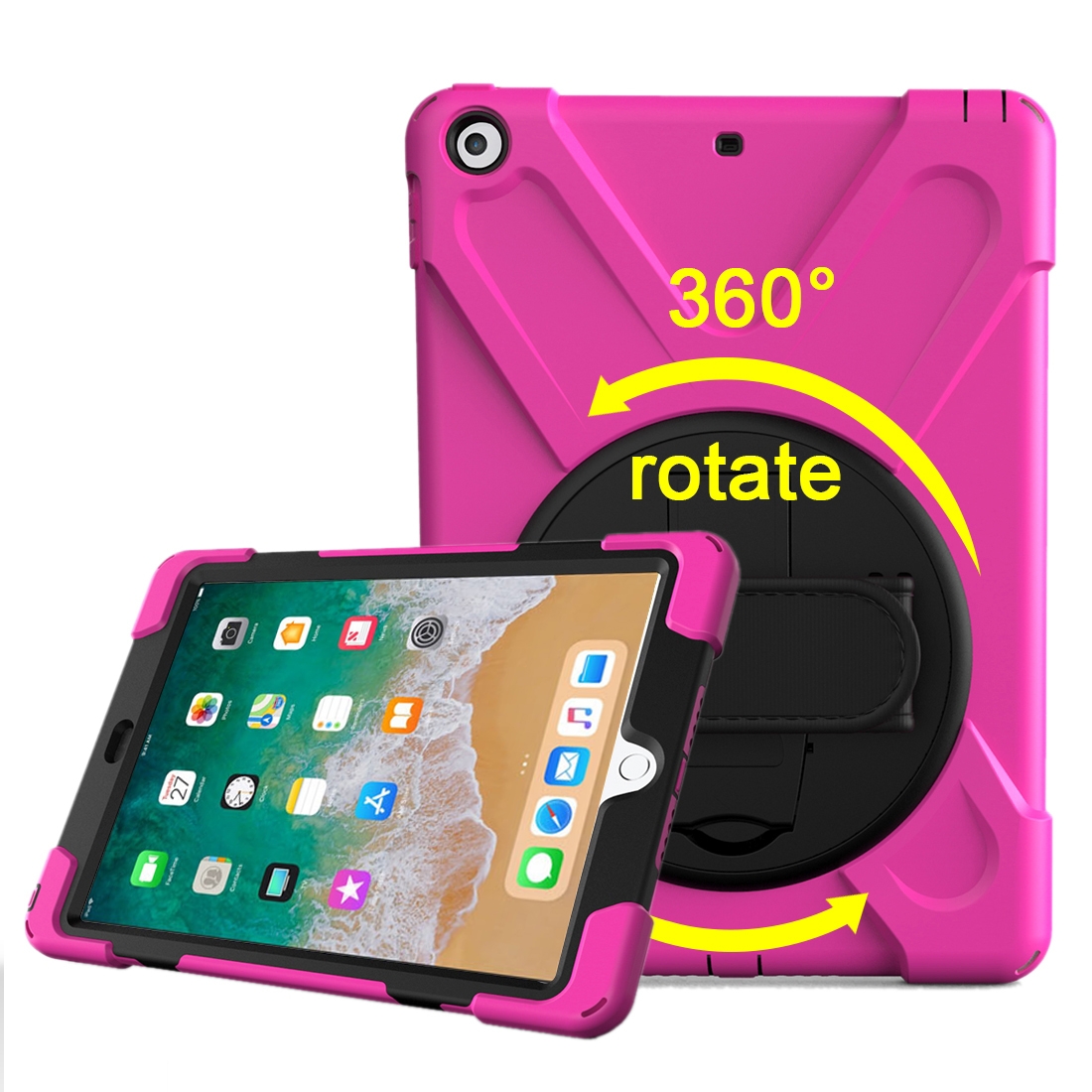 For iPad 9.7 (2018) & iPad 9.7 (2017) 360 Degree Rotation PC + Silicone Protective Case with Holder & Hand-strap(Magenta) - Shopkiz.com