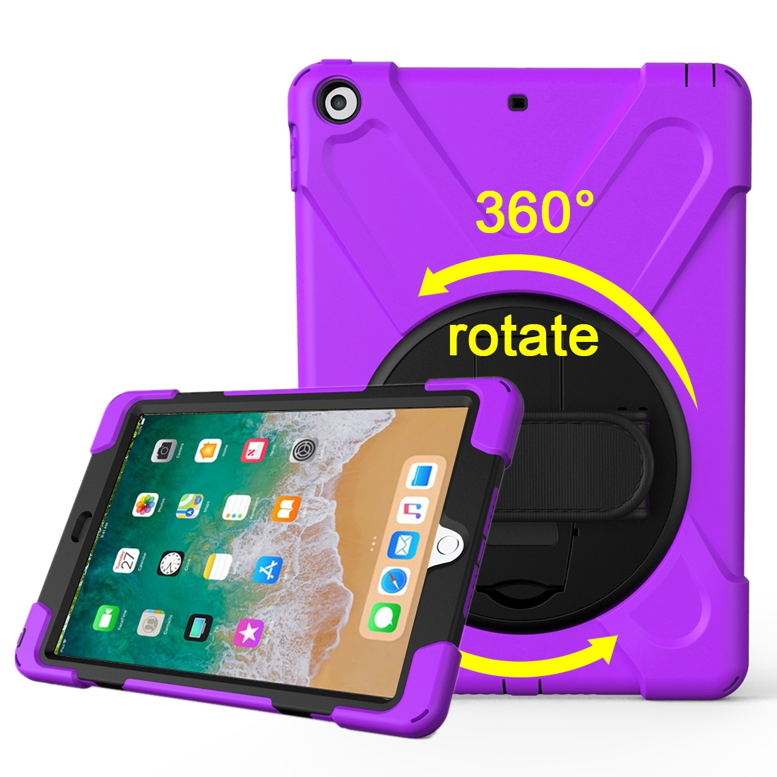 For iPad 9.7 (2018) & iPad 9.7 (2017) 360 Degree Rotation PC + Silicone Protective Case with Holder & Hand-strap(Purple) - Shopkiz.com