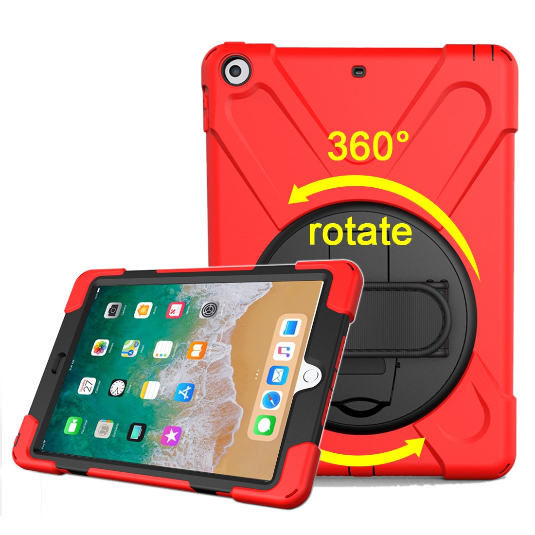 For iPad 9.7 (2018) & iPad 9.7 (2017) 360 Degree Rotation PC + Silicone Protective Case with Holder & Hand-strap(Red) - Shopkiz.com