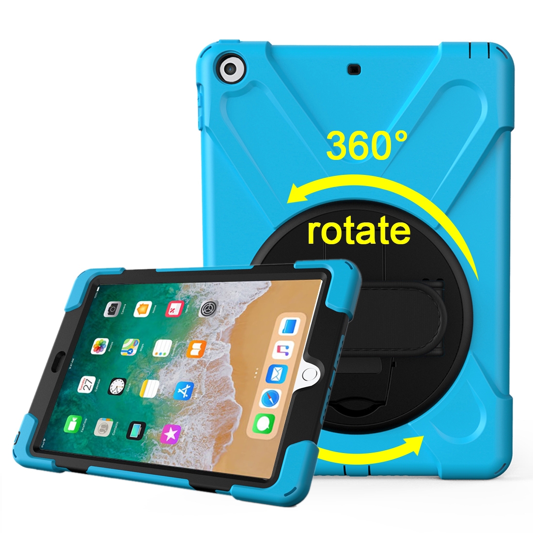 For iPad 9.7 (2018) & iPad 9.7 (2017) 360 Degree Rotation PC + Silicone Protective Case with Holder & Hand-strap(Baby Blue) - Shopkiz.com