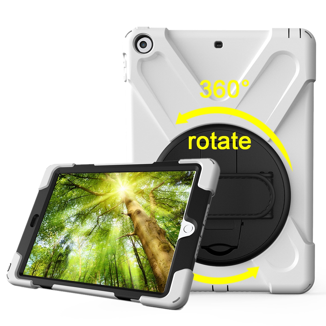 For iPad 9.7 (2018) & iPad 9.7 (2017) 360 Degree Rotation PC + Silicone Protective Case with Holder & Hand-strap(White) - Shopkiz.com