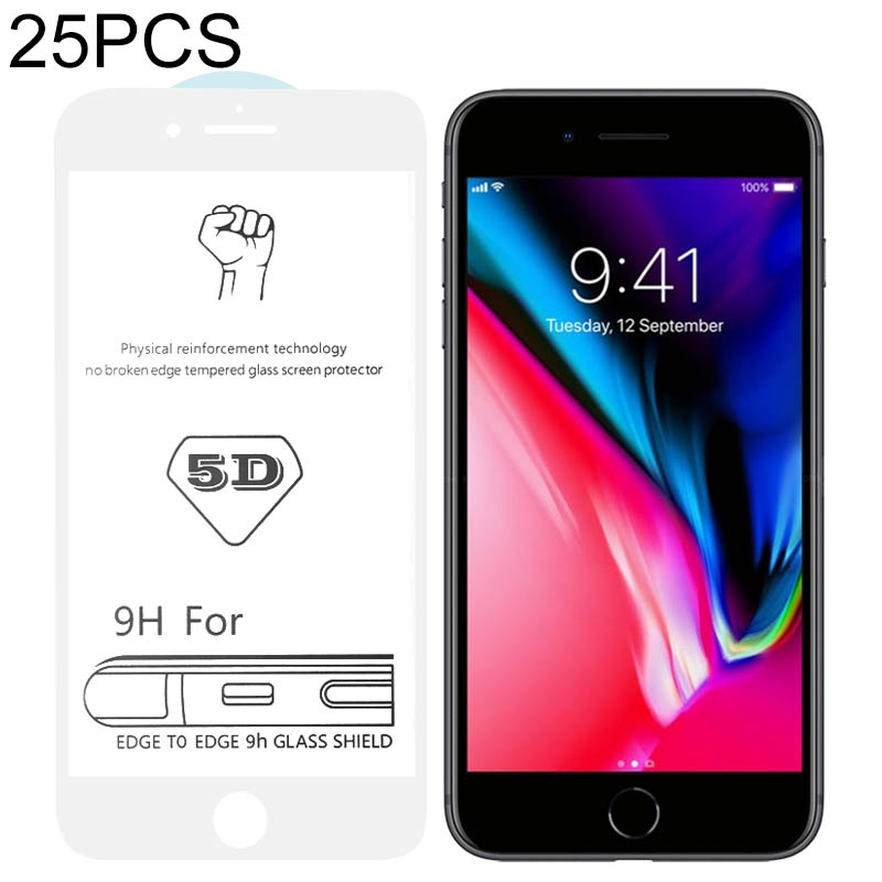 25 PCS 9H 5D White Full Glue Full Screen Tempered Glass Film for iPhone 8 / 7 - Shopkiz.com