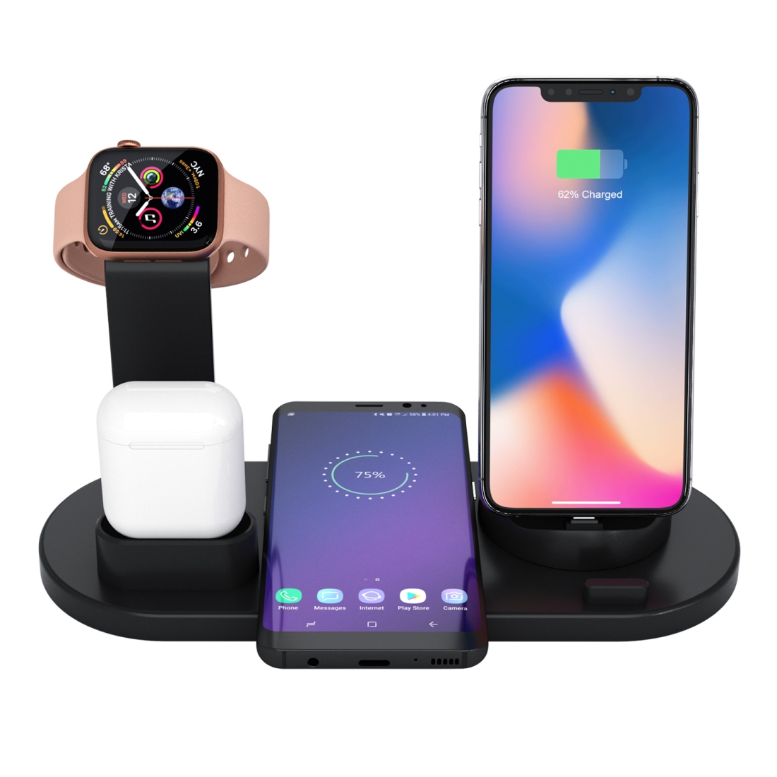 HQ-UD15 5 in 1 8 Pin + Micro USB + USB-C / Type-C Interfaces + 8 Pin Earphone Charging Interface + Wireless Charging Charger Base with Watch Stand