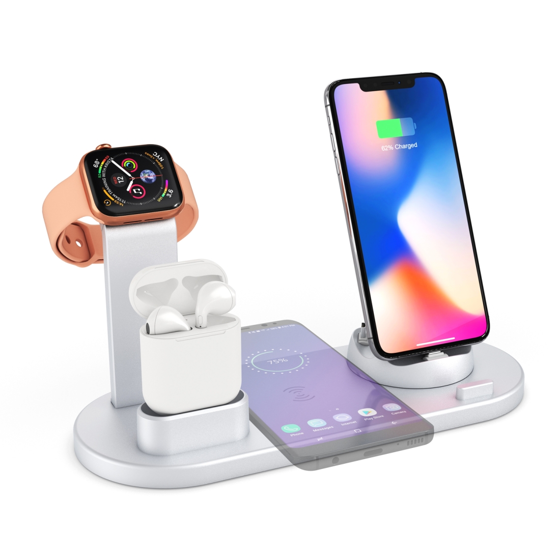 HQ-UD15 5 in 1 8 Pin + Micro USB + USB-C / Type-C Interfaces + 8 Pin Earphone Charging Interface + Wireless Charging Charger Base with Watch