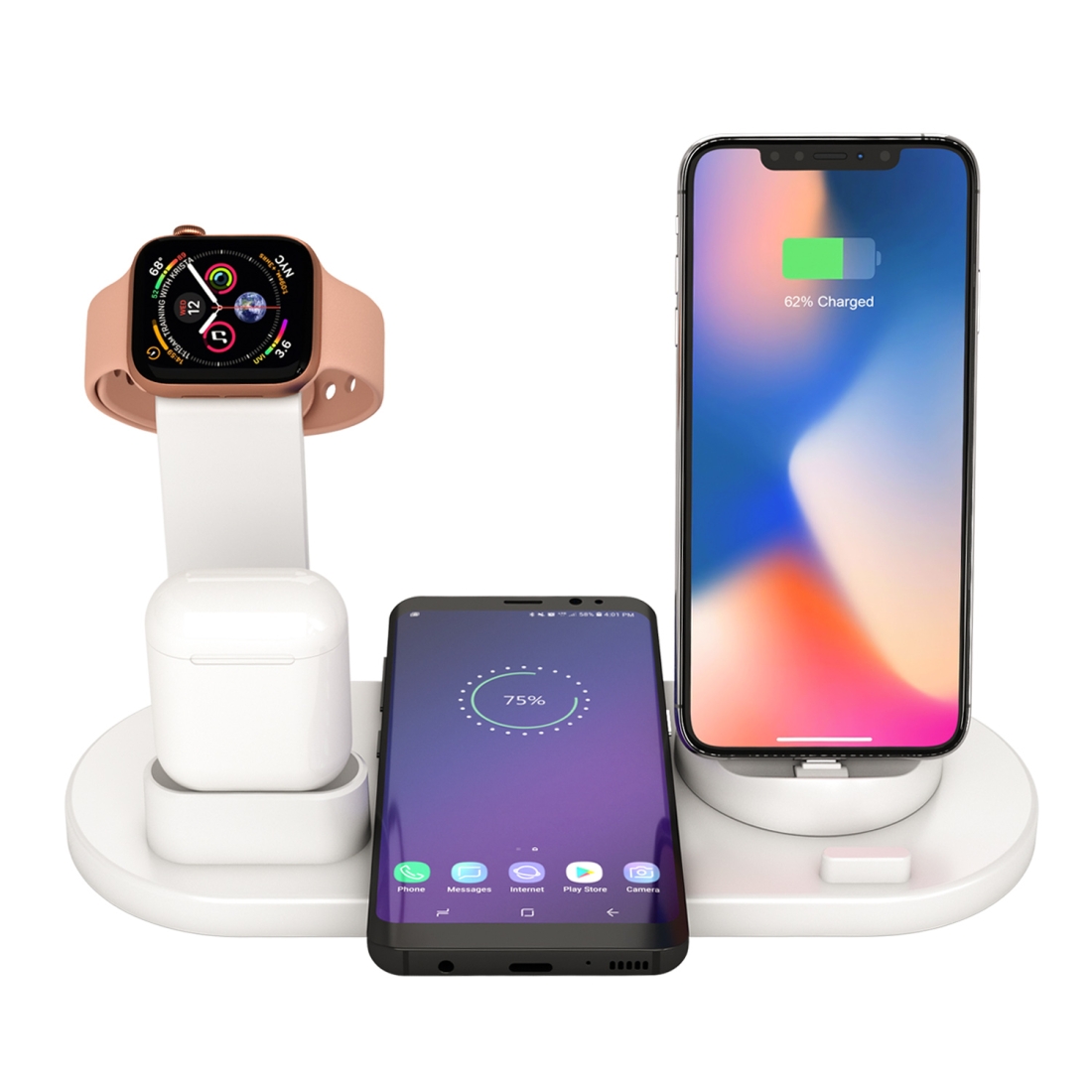 HQ-UD15 5 in 1 8 Pin + Micro USB + USB-C / Type-C Interfaces + 8 Pin Earphone Charging Interface + Wireless Charging Charger Base with Watch Stand