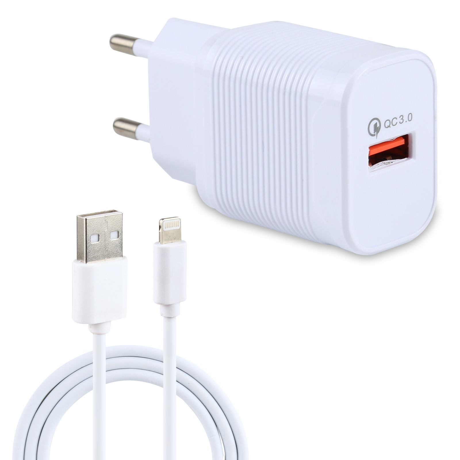 LZ-728 2 in 1 18W QC 3.0 USB Interface Travel Charger + USB to 8 Pin Data Cable Set, EU Plug, Cable Length: 1m(White) - Shopkiz.com