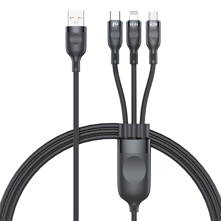 ADC-66 5A 66W 3 in 1 USB to 8 Pin + Micro USB + USB-C / Type-C Fast Charging Braided Data Cable, Cable Length: 1.2m - Shopkiz.com
