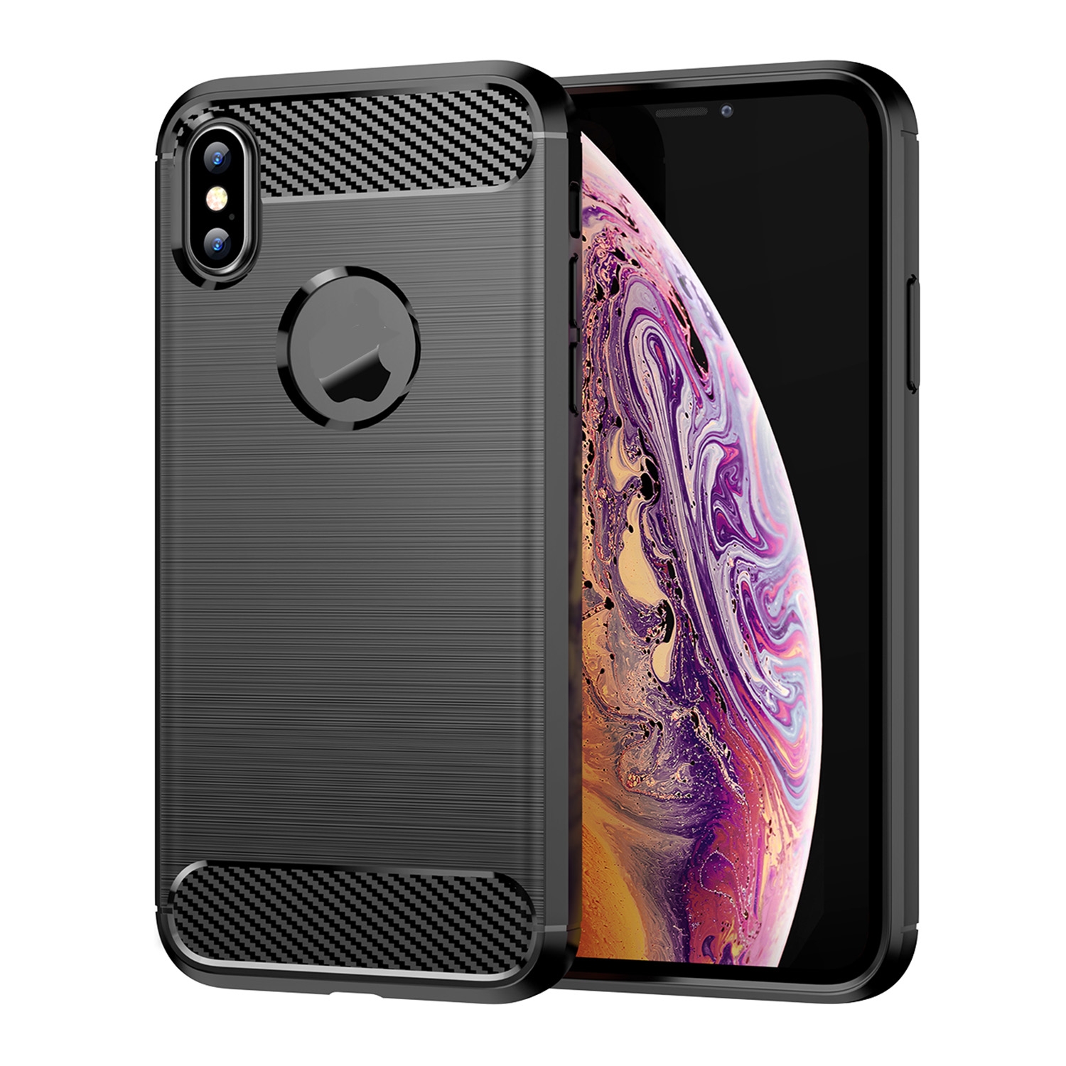 For iPhone X / XS Carbon Fiber TPU Brushed Texture Shockproof Protective Back Cover Case(Black) - Shopkiz.com