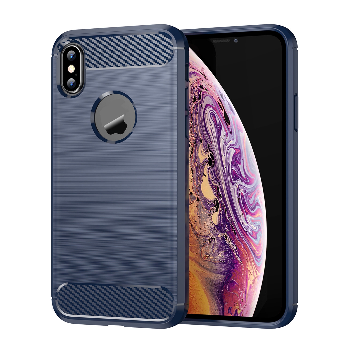 For iPhone X / XS Carbon Fiber TPU Brushed Texture Shockproof Protective Back Cover Case(navy) - Shopkiz.com