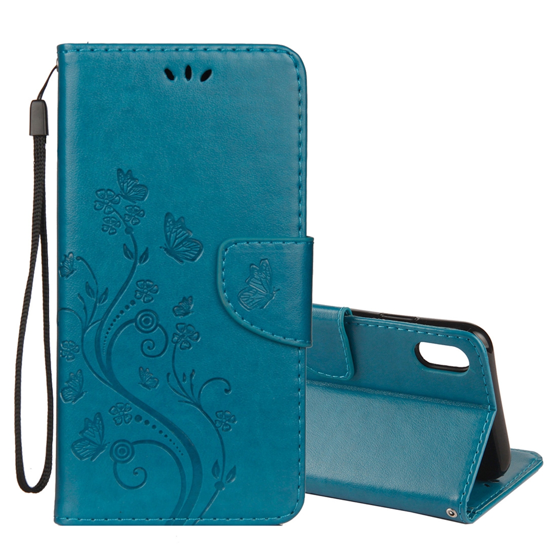 For iPhone XS Max Embossed Butterfly Pattern Horizontal Flip Leather Case with Card Slot & Holder & Wallet & Lanyard (Blue) - Shopkiz.com