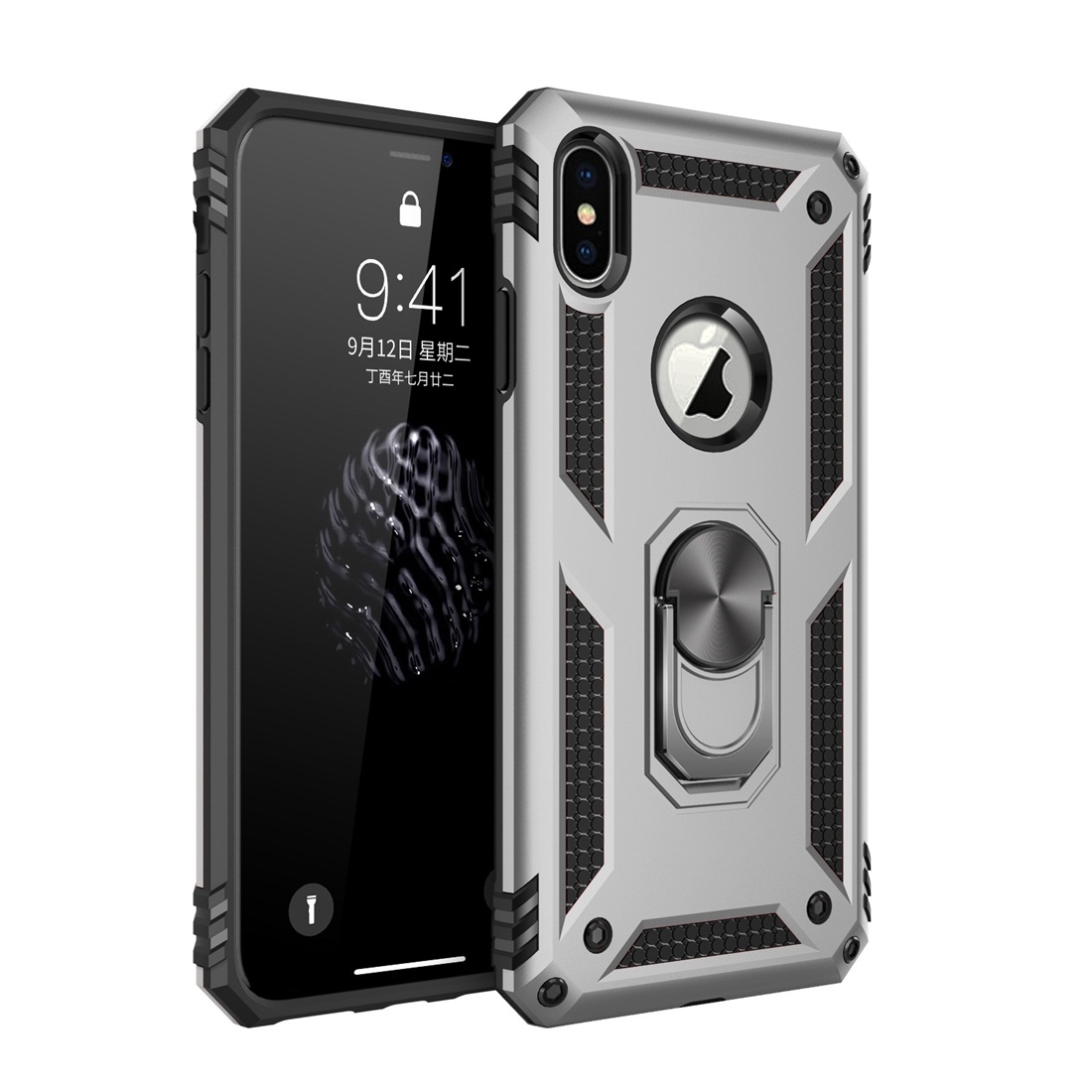 For iPhone XS Max Armor Shockproof TPU + PC Protective Case with 360 Degree Rotation Holder (Silver) - Shopkiz.com
