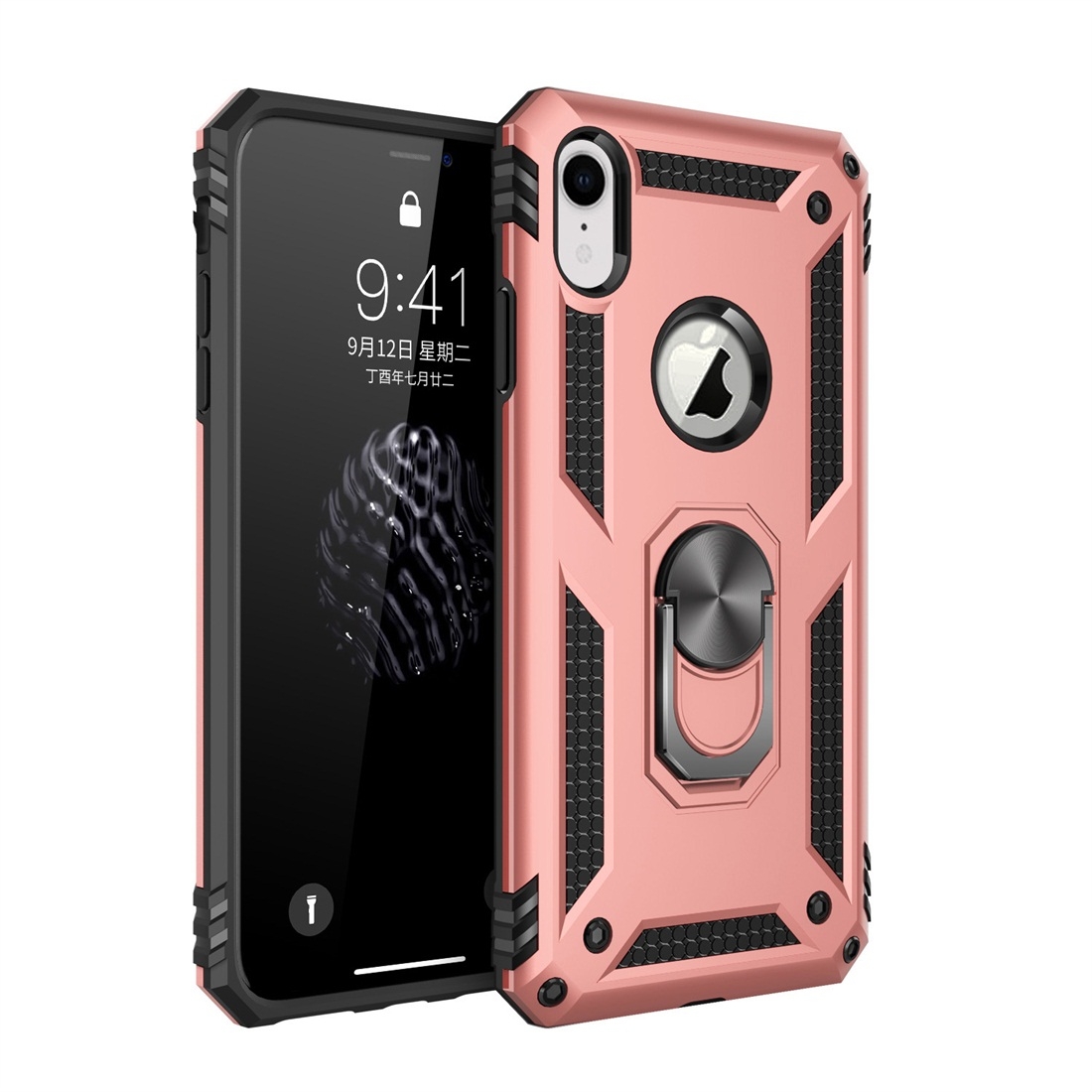 For iPhone XR Armor Shockproof TPU + PC Protective Case with 360 Degree Rotation Holder (Rose Gold) - Shopkiz.com