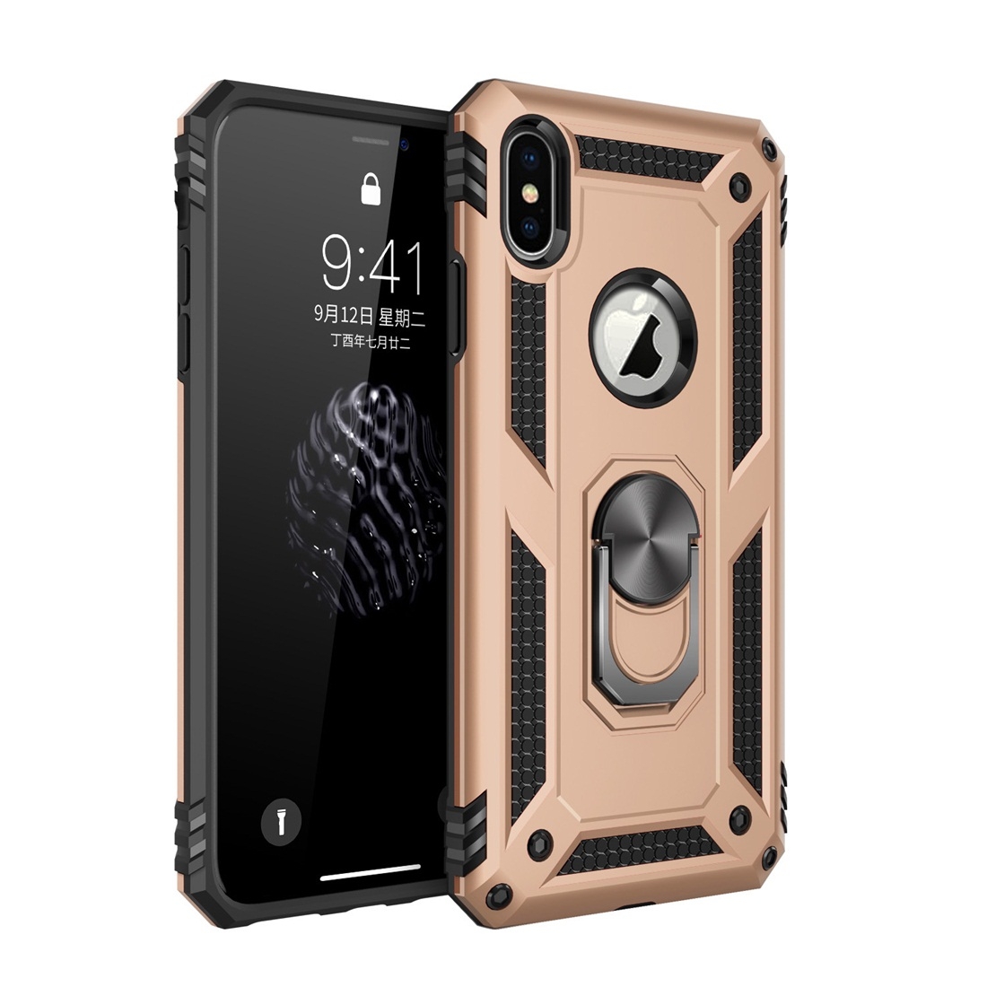 For iPhone X / XS Sergeant Armor Shockproof TPU + PC Protective Case with 360 Degree Rotation Holder (Gold) - Shopkiz.com