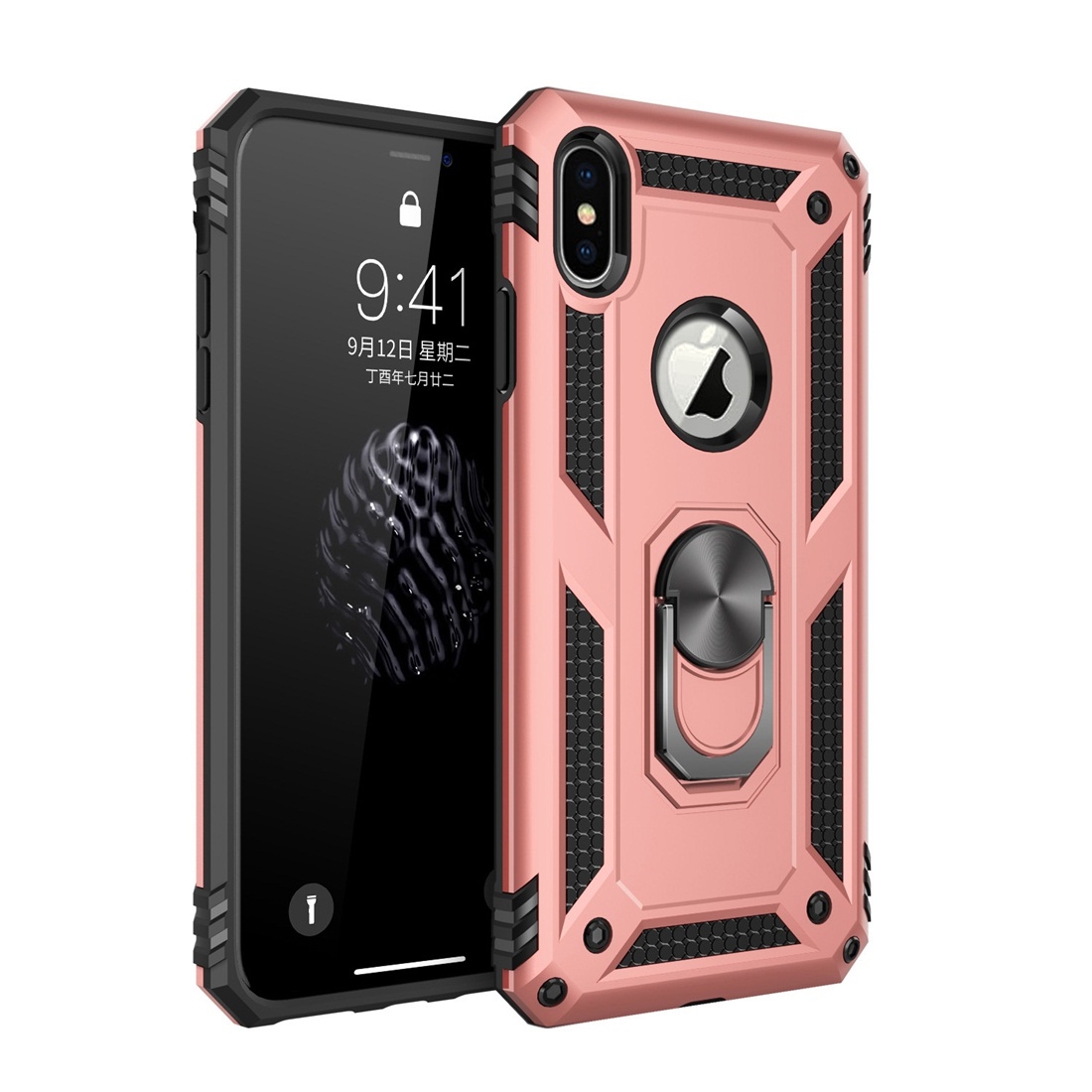 For iPhone X / XS Sergeant Armor Shockproof TPU + PC Protective Case with 360 Degree Rotation Holder (Rose Gold) - Shopkiz.com