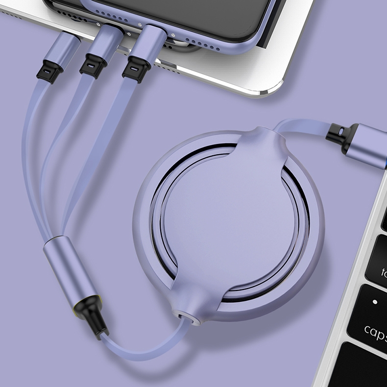 3.5A Liquid Silicone 3 in 1 USB to USB-C / Type-C + 8Pin + Micro USB Retractable Data Syn Charging Cable (Purple) - Shopkiz.com