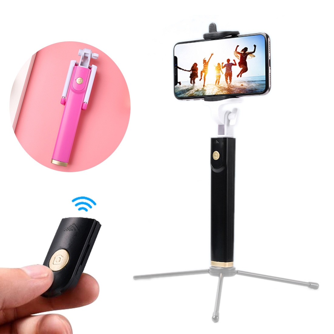 K08 Portable Foldable Wireless Bluetooth Shutter Remote Selfie Stick for iPhone and Android Phones, Tripod is not Included(Pink) - Shopkiz.com