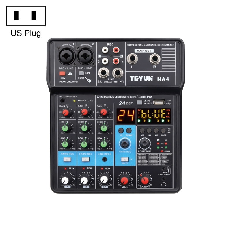 TEYUN NA4 4-channel Small Mixing Console Mobile Phone Sound Card Live Broadcast Computer Recording Console Processor, US Plug(Black) - Shopkiz.com