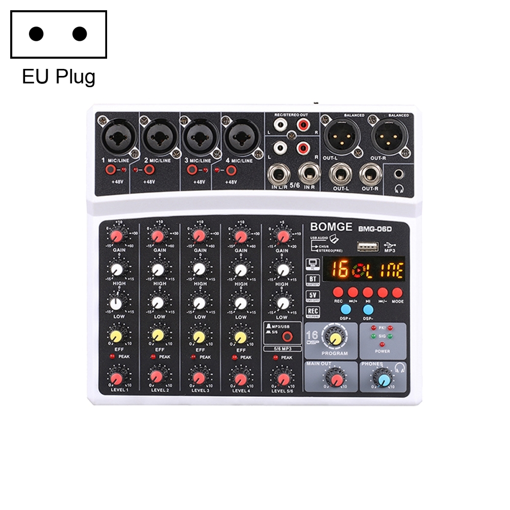 BMG-06D 6-channel Live Mixer Mobile Phone Bluetooth Sound Card Digital 16DSP Reverb Effect, EU Plug(White) - Shopkiz.com