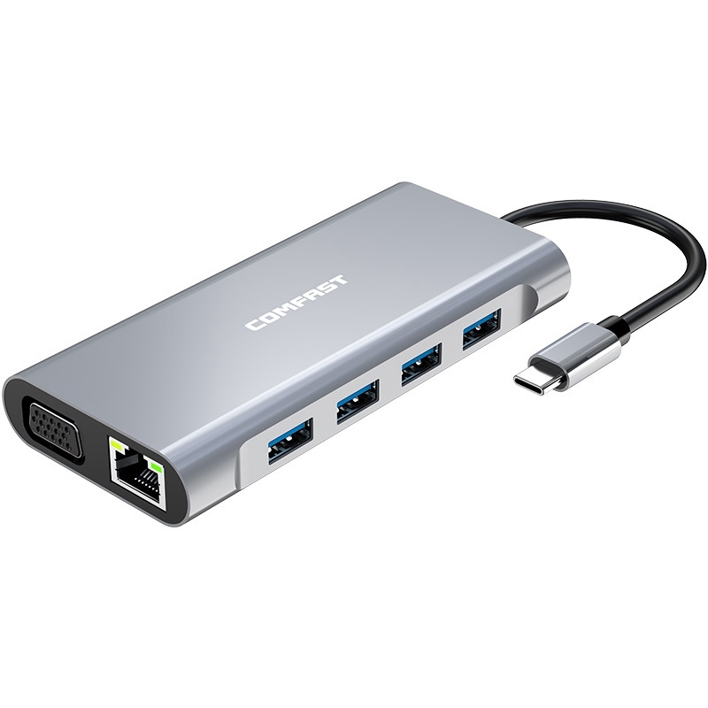 COMFAST CF-K11 11 in 1 USB-C / Type-C Male to 4 USB + SD / TF Card Slots + 100M Ethernet Port + HDMI + VGA + USB-C / Type-C  + 3.5mm AUX Female OTG
