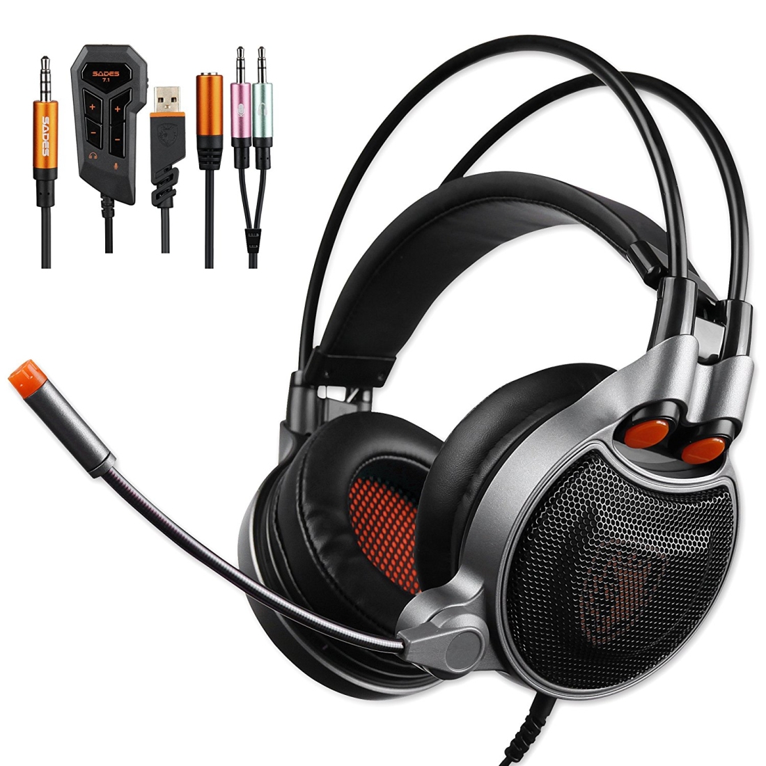 SADES SA-929 3.5mm 7.1 Virtual Stereo Surround Gaming Headset Wired Music Headphone with Wire Control + Mic for PS4, Xbox One, PC, Laptop, Mobile