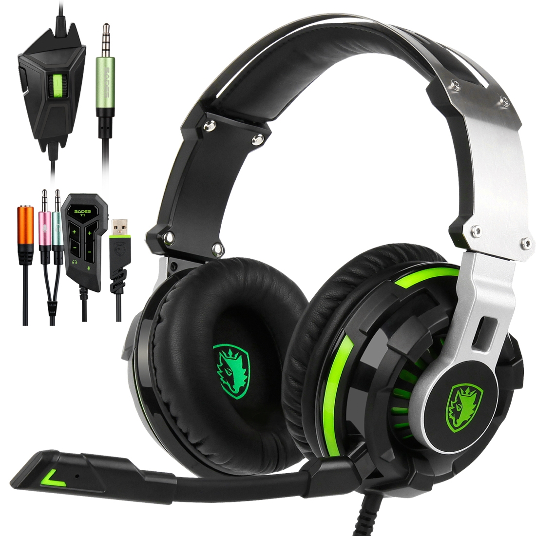 SADES SA-933 3.5mm 7.1 Virtual Stereo Surround Gaming Headset Wired Music Headphone with Wire Control + Mic for PS4, Xbox One, PC, Laptop, Mobile