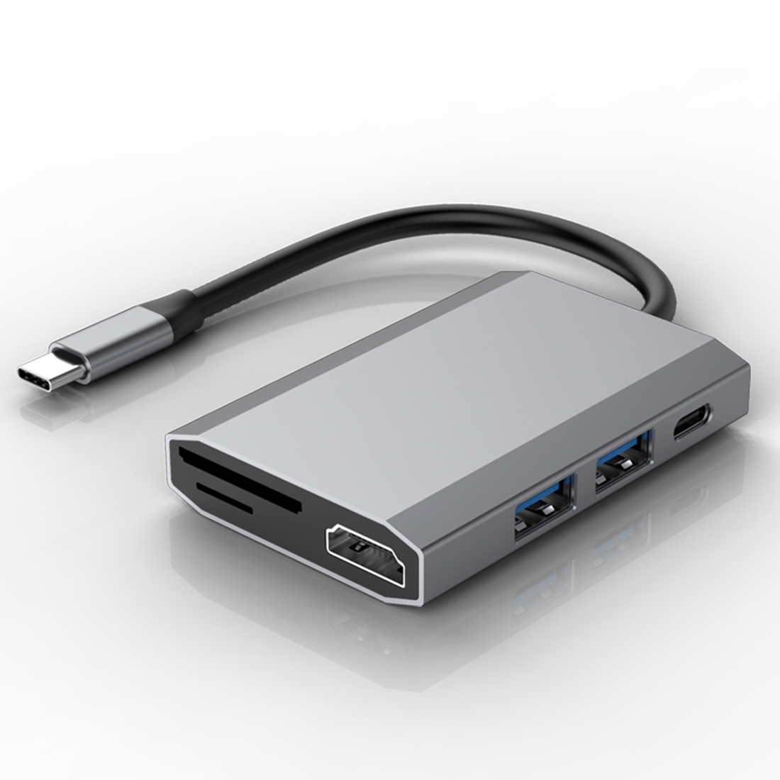 basix TW6A 6 in 1 USB-C / Type-C to 2 USB 3.0 + USB-C / Type-C + HDMI Interfaces HUB Adapter with Micro SD / SD Card Slots (Grey)