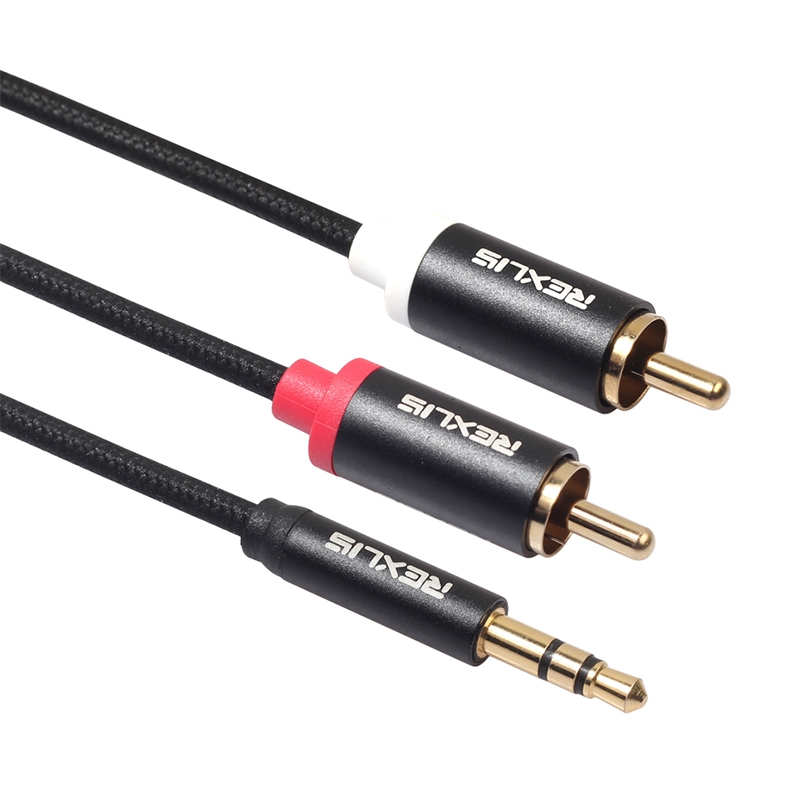 REXLIS 3635 3.5mm Male to Dual RCA Gold-plated Plug Black Cotton Braided Audio Cable for RCA Input Interface Active Speaker, Length: 0.5m -