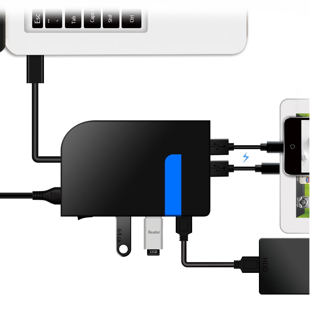 3 USB 3.0 HUB + 2 QC3.0 + Type-C Multi-functional Charger & HUB with Power Switch Button(Black) - Shopkiz.com