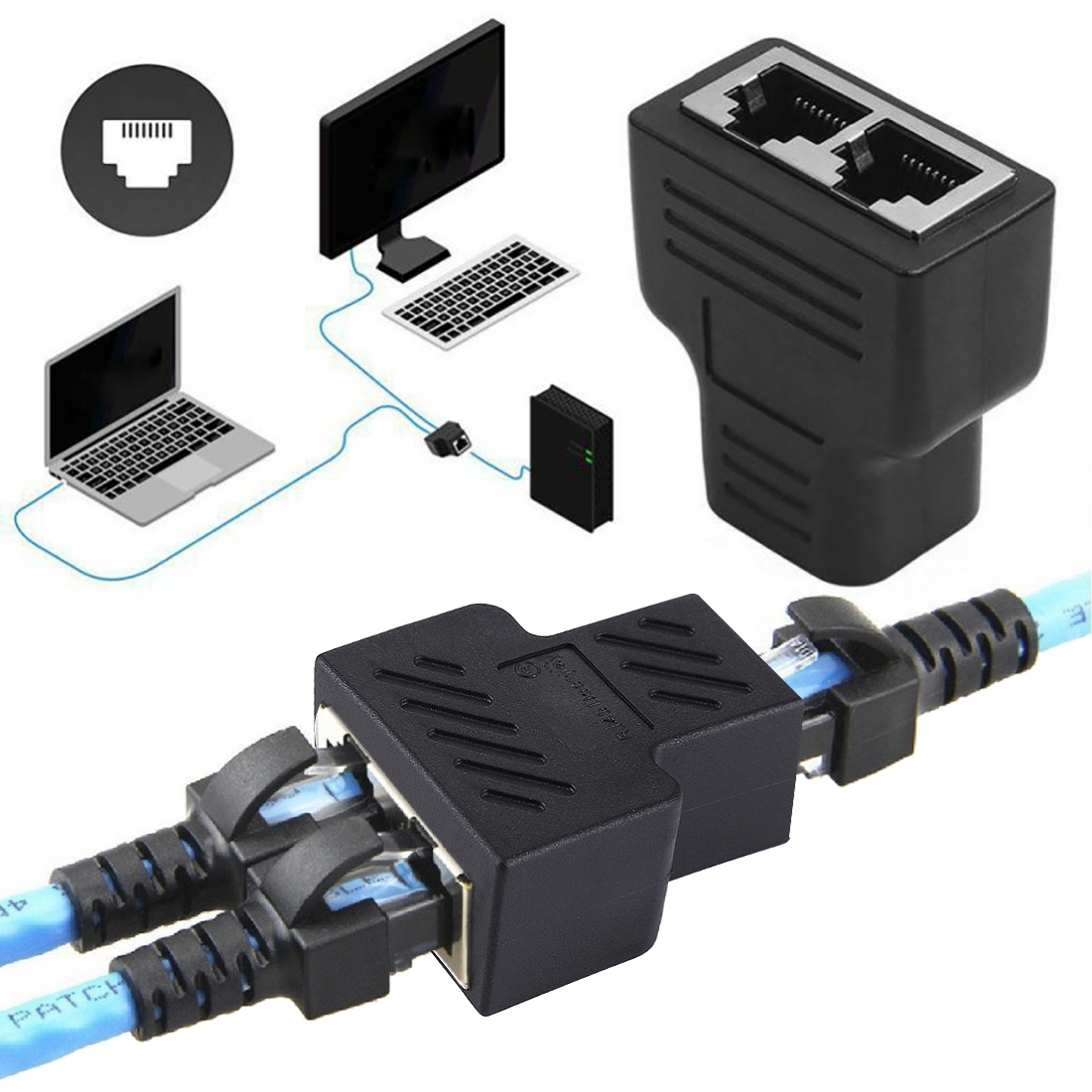 Crystal Network Straight Through Head-line Connector Terminal Female to Female Three Head RJ45 Interface Extension Device(Black) - Shopkiz.com