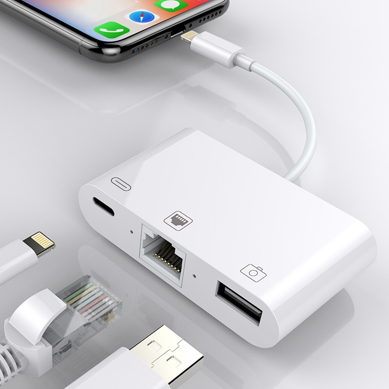 NK-107 3 in 1 Ethernet + USB + 8 Pin Charging Female Ports to 8 Pin Male OTG Digital Video Converter Cable - Shopkiz.com