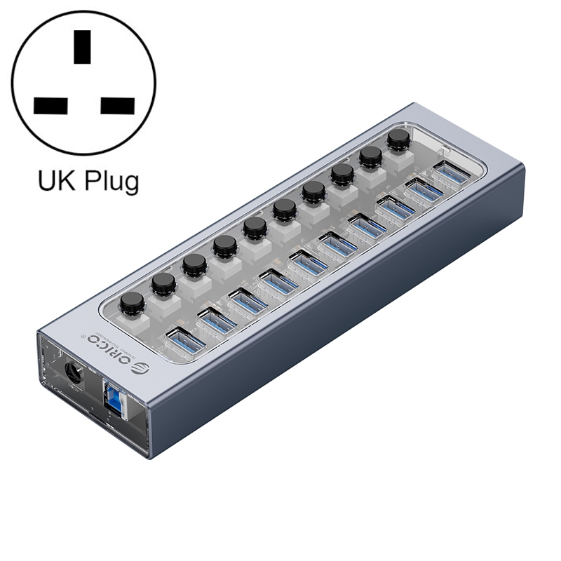 ORICO AT2U3-10AB-GY-BP 10 Ports USB 3.0 HUB with Individual Switches & Blue LED Indicator, UK Plug - Shopkiz.com