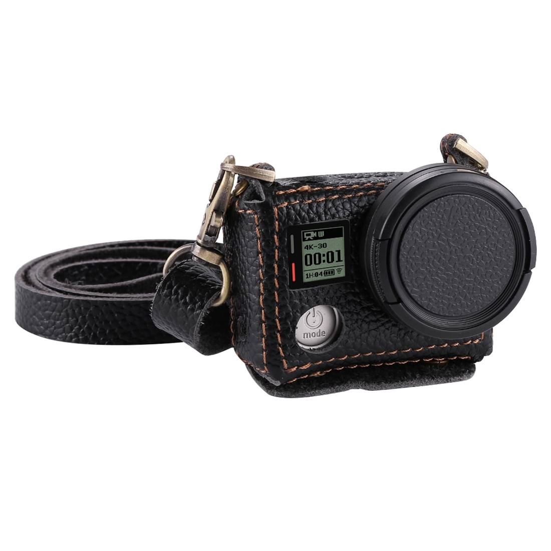 PULUZ for GoPro HERO4 Litchi Texture Genuine Leather Housing Case with Set Key Hole & Neck Strap & 40.5mm UV Lens(Black) - Shopkiz.com