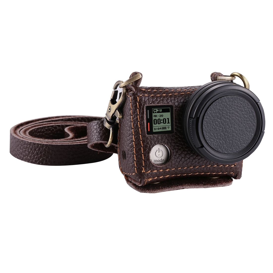 PULUZ for GoPro HERO4 Litchi Texture Genuine Leather Housing Case with Set Key Hole & Neck Strap & 40.5mm UV Lens(Brown) - Shopkiz.com