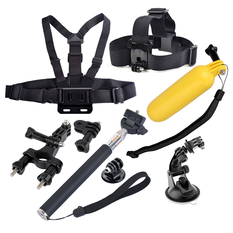 YKD -136 8 in 1 Chest Strap + Head Strap + Bike Handlebar Holder + Suction Cup Mount Holder + Extendable Handle Monopod + Floating Handle Grip Set