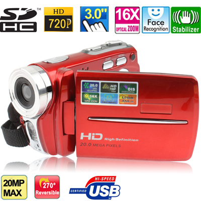 HD5000A Red, HD 720P 5 Mega Pixels 16X Zoom Digital Video Camera with 3.0 inch TFT LCD Screen, 270 degree rotation , Support TV OUT / USB / SD