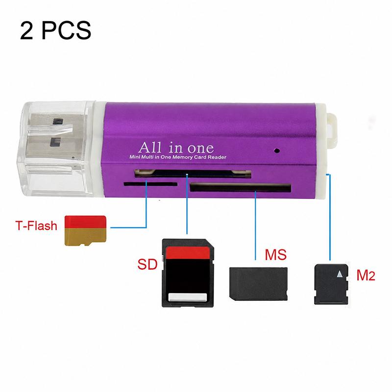 2 PCS Multi All in 1 USB 2.0 Micro SD SDHC TF M2 MMC MS PRO DUO Memory Card Reader(Purple) - Shopkiz.com