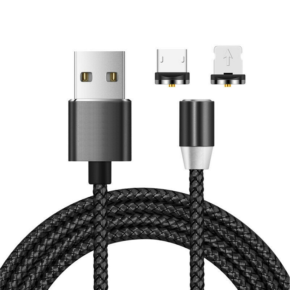 2 in 1 USB to 8 Pin + Micro USB Magnetic Metal Interface Nylon Braided Charging Cable, Length: 1m(Black) - Shopkiz.com