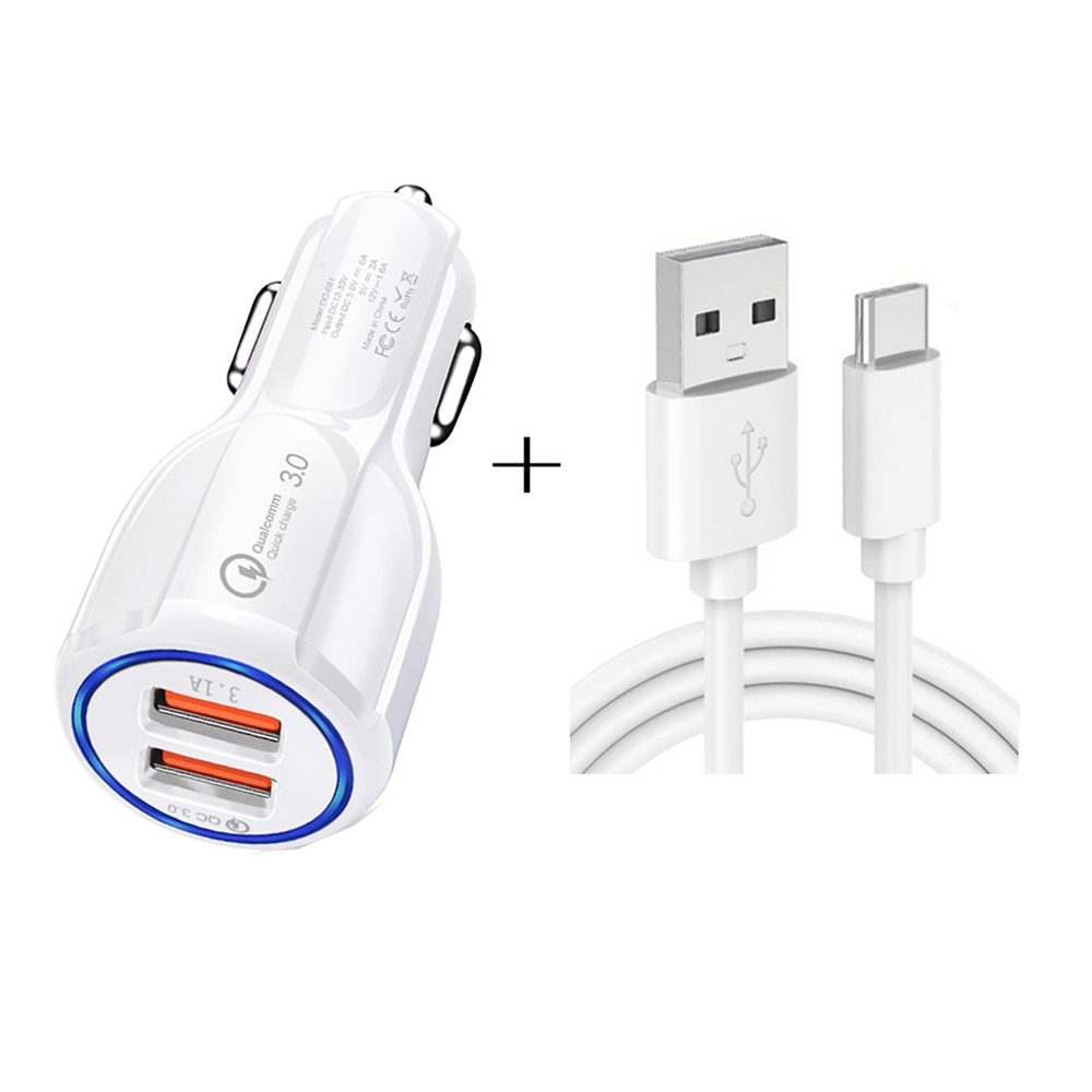 LZ-681 QC3.0 Dual USB Car Charging + Type-C Fast Charging Cable Car Charging Kit(White) - Shopkiz.com