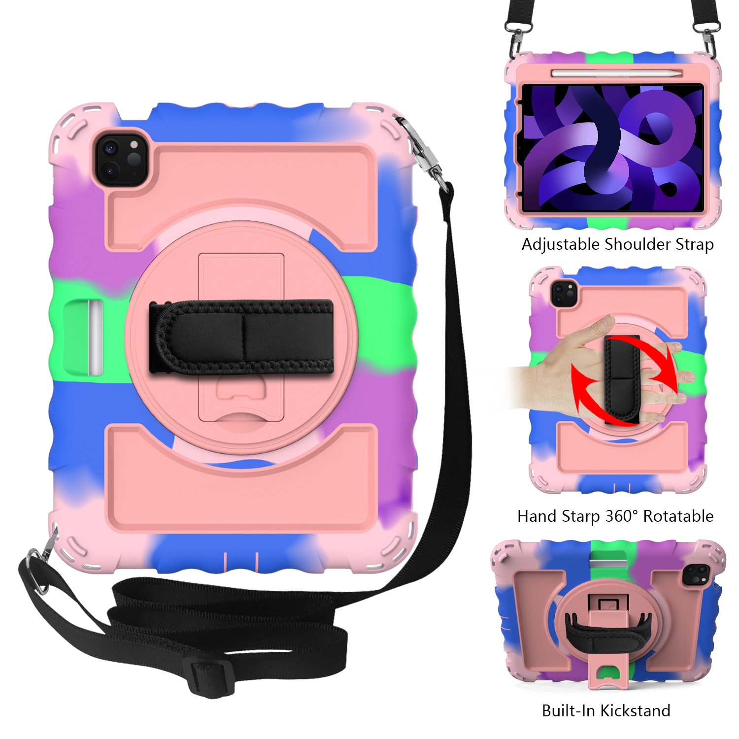 For iPad Air 2022 / 2020 10.9 360 Degree Rotation PC + Silicone Shockproof Combination Case with Holder & Hand Grip Strap & Neck Strap & Pen Slot