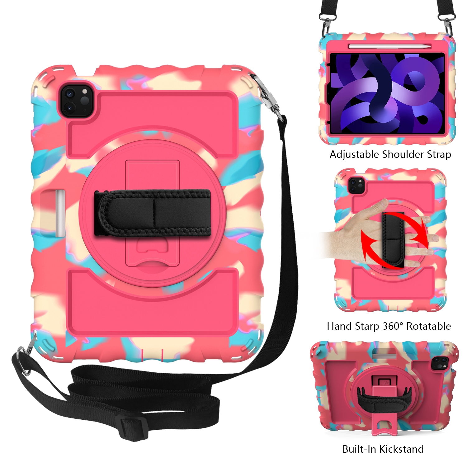 For iPad Air 2022 / 2020 10.9 360 Degree Rotation PC + Silicone Shockproof Combination Case with Holder & Hand Grip Strap & Neck Strap & Pen Slot