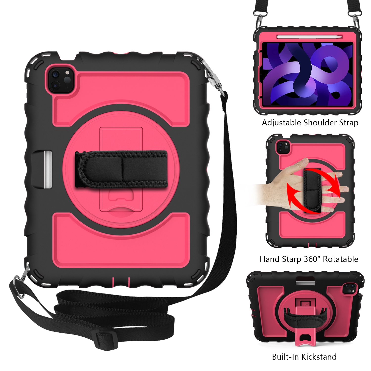 For iPad Air 2022 / 2020 10.9 360 Degree Rotation PC + Silicone Shockproof Combination Case with Holder & Hand Grip Strap & Neck Strap & Pen Slot
