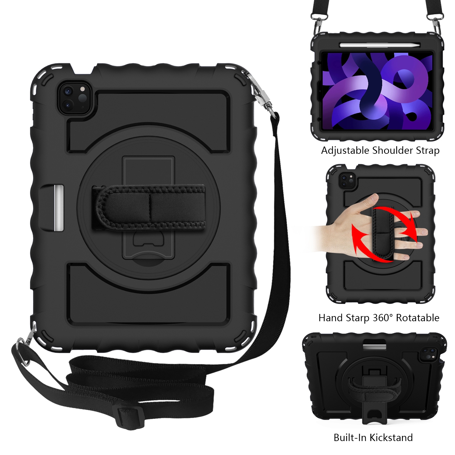 For iPad Air 2022 / 2020 10.9 360 Degree Rotation PC + Silicone Shockproof Combination Case with Holder & Hand Grip Strap & Neck Strap & Pen Slot