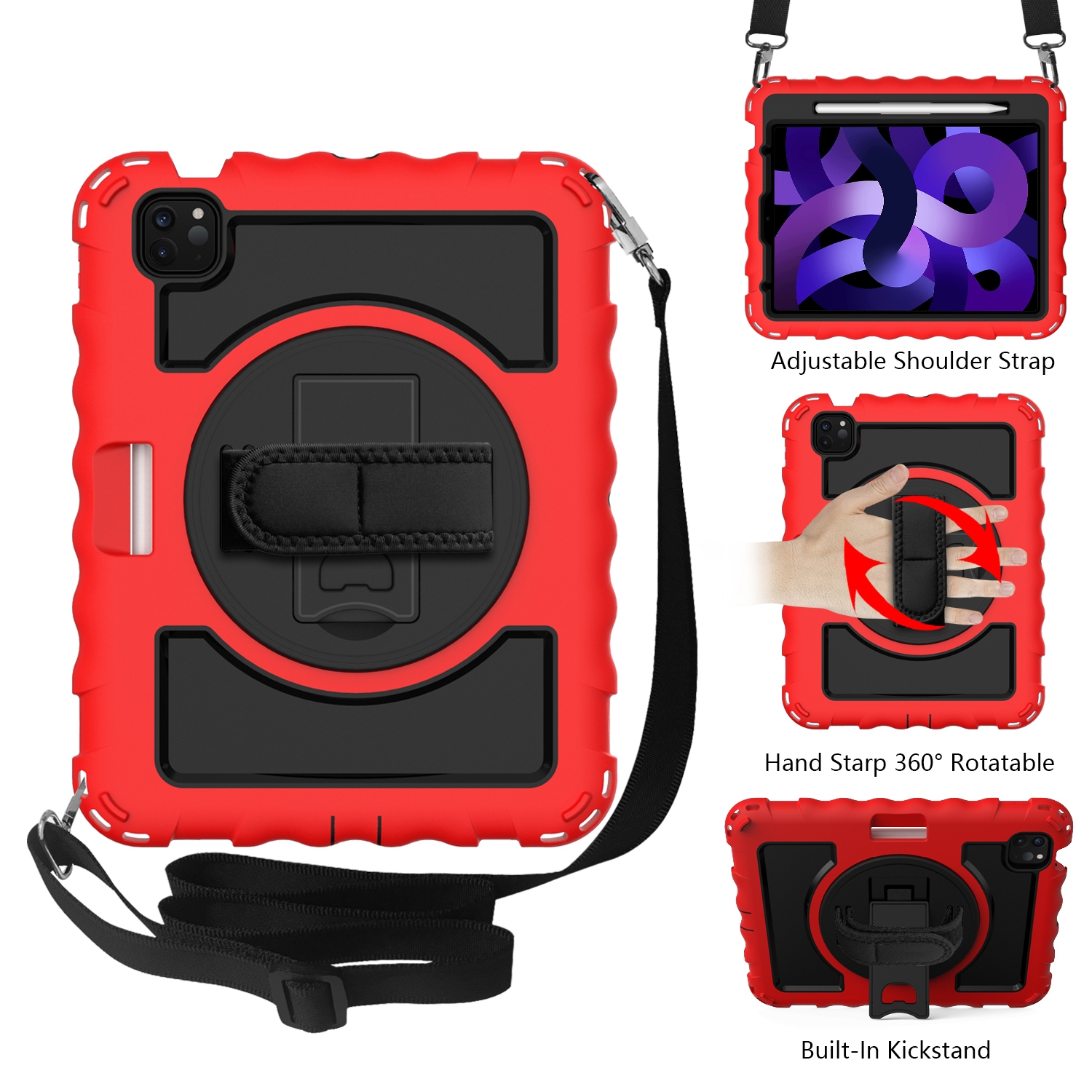 For iPad Air 2022 / 2020 10.9 360 Degree Rotation PC + Silicone Shockproof Combination Case with Holder & Hand Grip Strap & Neck Strap & Pen Slot