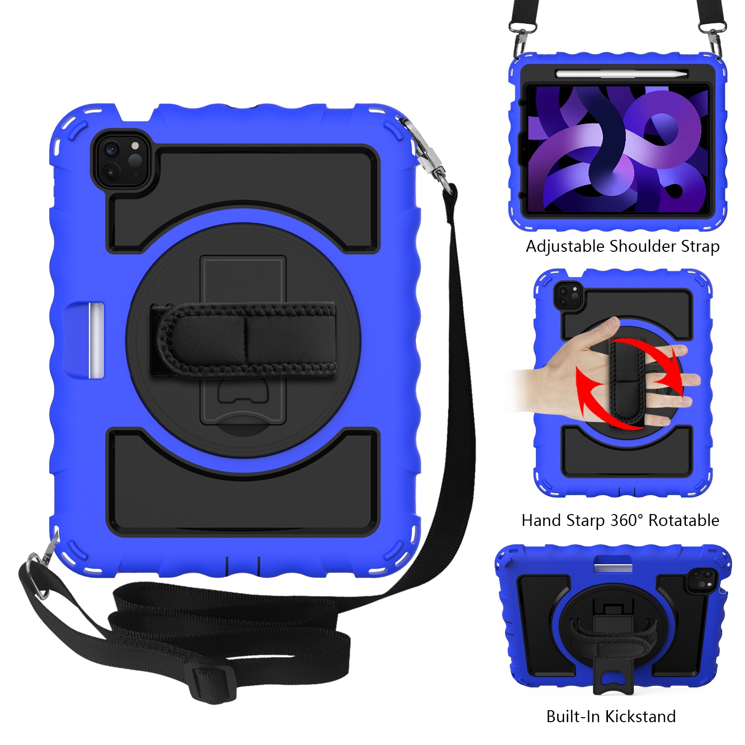 For iPad Air 2022 / 2020 10.9 360 Degree Rotation PC + Silicone Shockproof Combination Case with Holder & Hand Grip Strap & Neck Strap & Pen Slot
