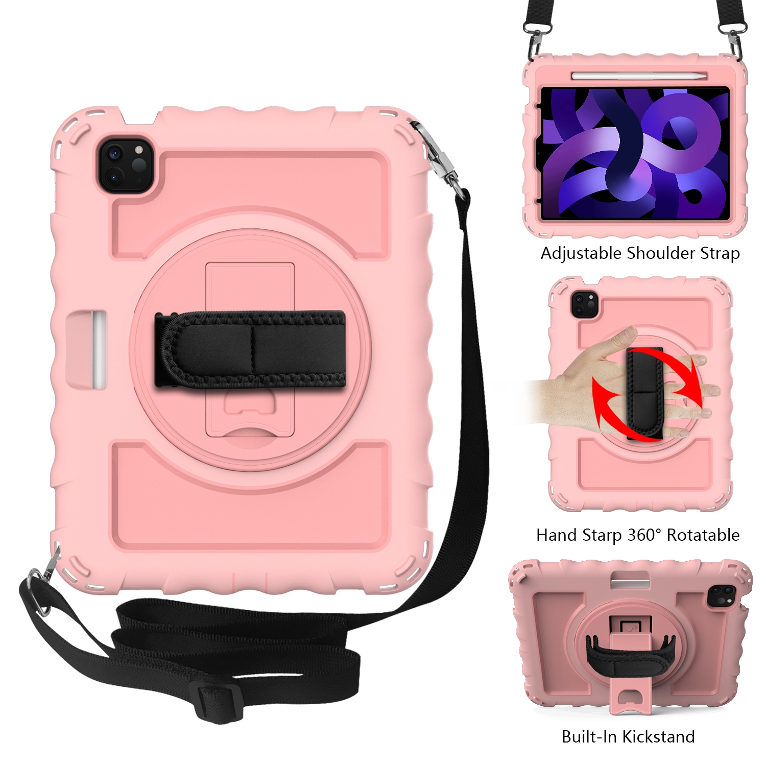 For iPad Air 2022 / 2020 10.9 360 Degree Rotation PC + Silicone Shockproof Combination Case with Holder & Hand Grip Strap & Neck Strap & Pen Slot