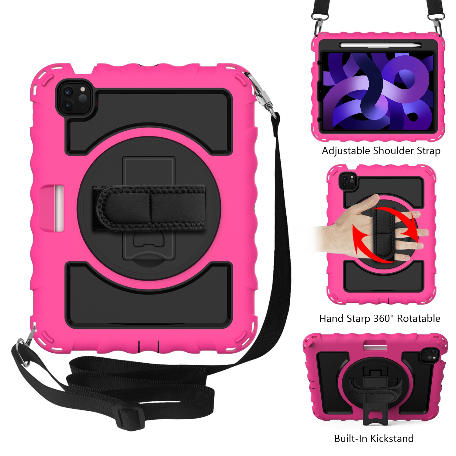 For iPad Air 2022 / 2020 10.9 360 Degree Rotation PC + Silicone Shockproof Combination Case with Holder & Hand Grip Strap & Neck Strap & Pen Slot