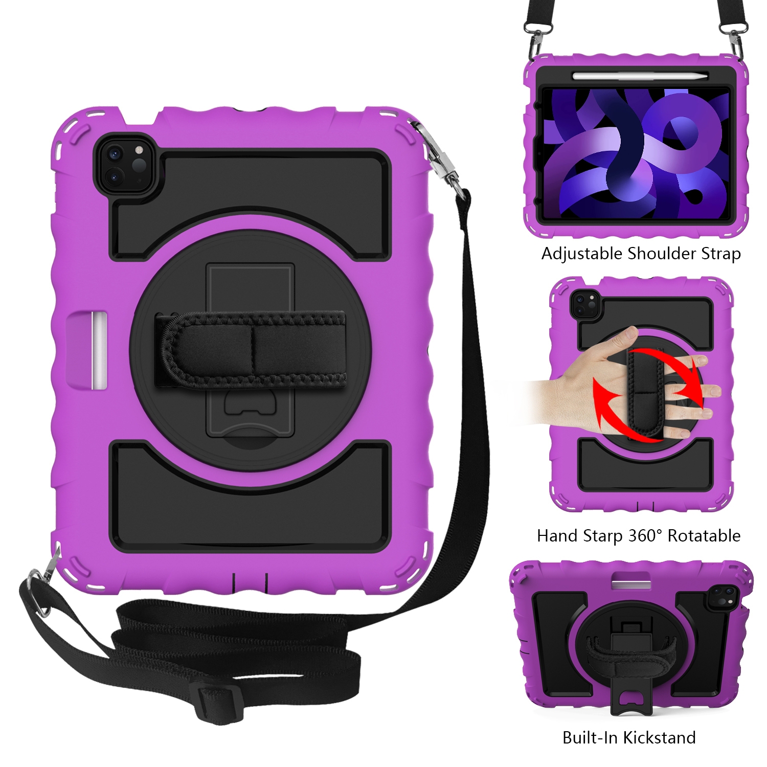 For iPad Air 2022 / 2020 10.9 360 Degree Rotation PC + Silicone Shockproof Combination Case with Holder & Hand Grip Strap & Neck Strap & Pen Slot