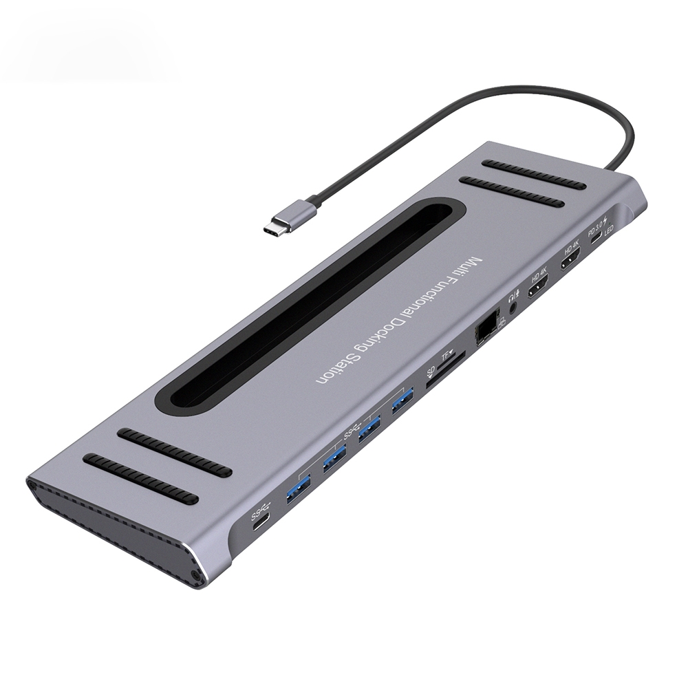 12-in-1 Type-C to PD+HDMI x 2+3.5mm+RJ45+SD/TF+USB3.0x4+Type-C HUB Docking Station - Shopkiz.com